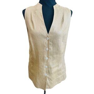 Worth Women 100% Linen Gold Beige Sleeveless Button Vest 14 Minimalist City Work